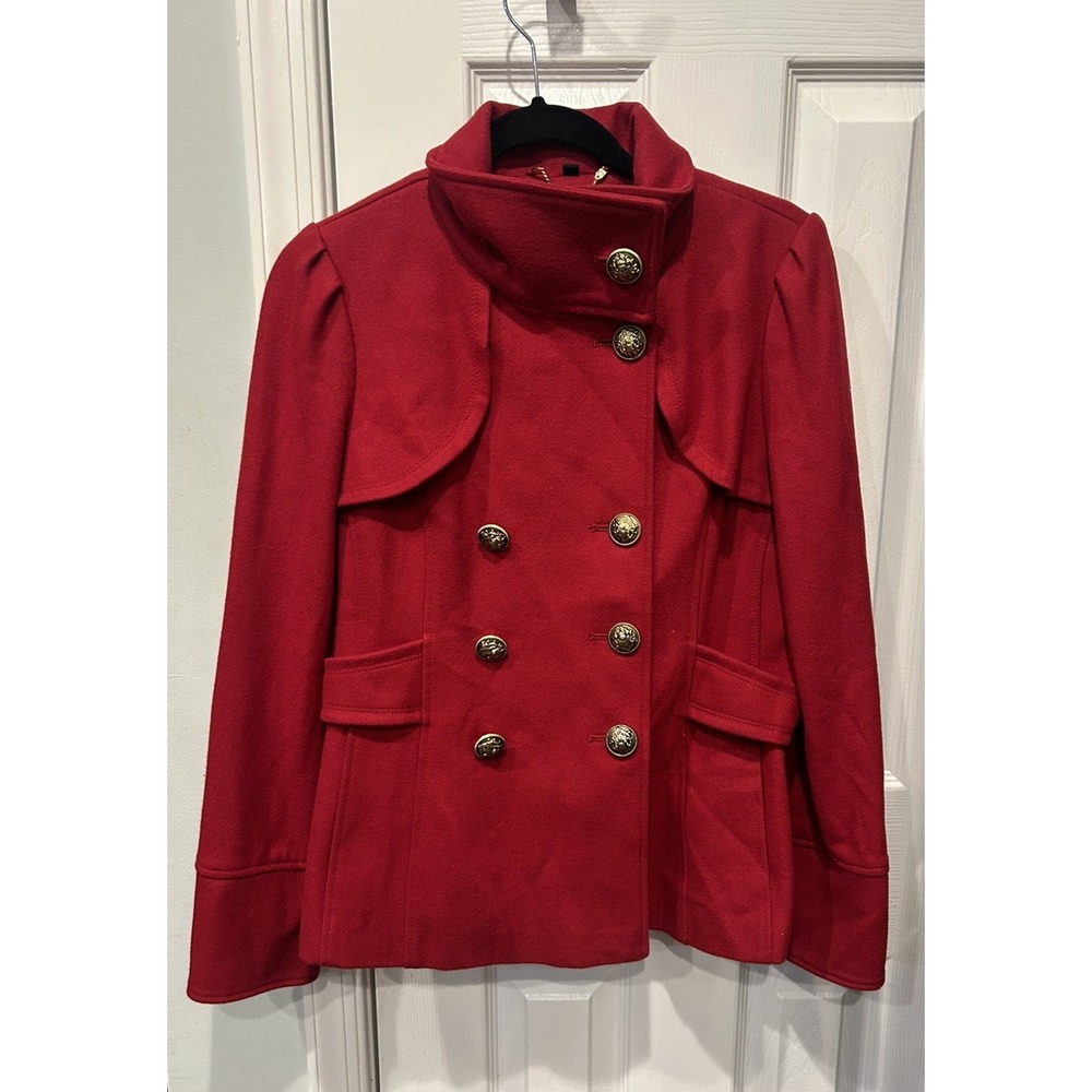 Guess Red Wool Peacoat Gold Buttons Medium Holiday Winter Coat Pleated Lined Y2K